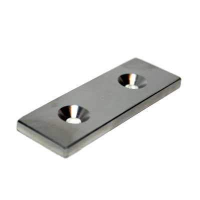 Block Magnet 60x20x4 mm N42 Nickel With Two Counterbores